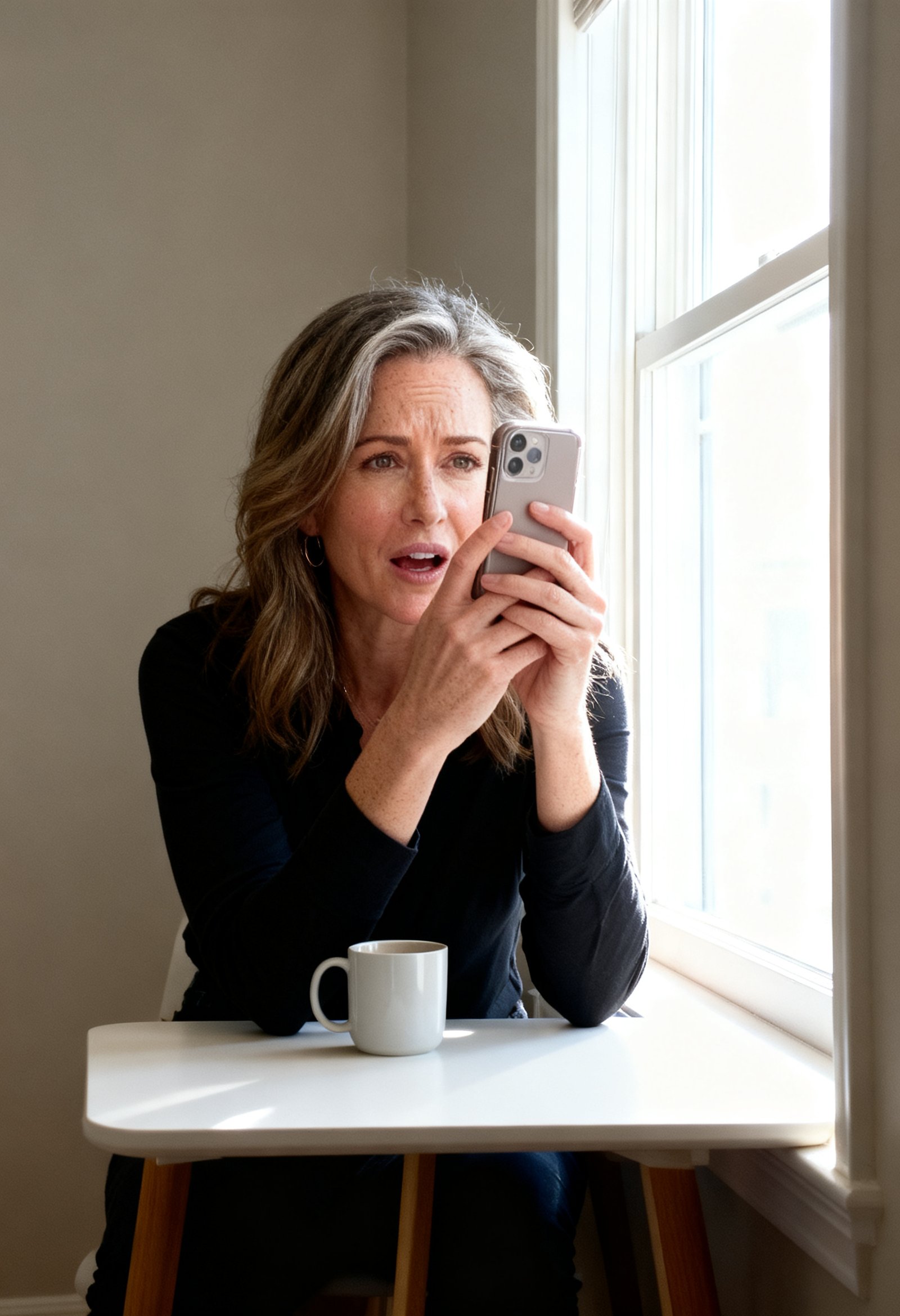 A woman at a kitchen window holding a warm mug