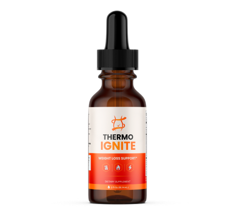 A bottle of Thermo Ignite drops on a kitchen counter